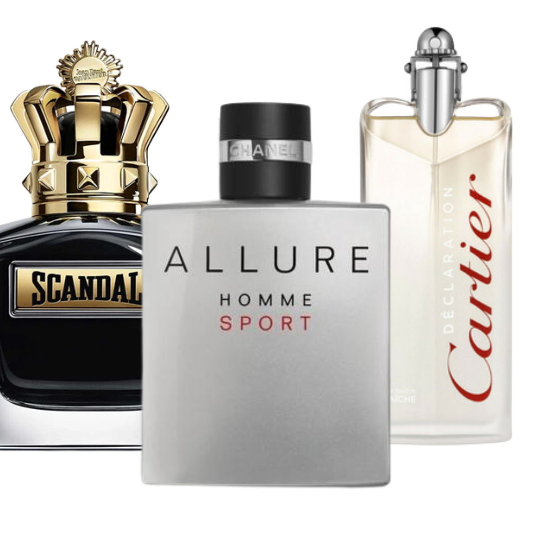 Coffret 3 Parfums : ALLURE HOMME SPORT, JEAN PAUL GAULTIER SCANDAL, CARTIER DÉCLARATION – Eau de Parfum (100 ml chacun)