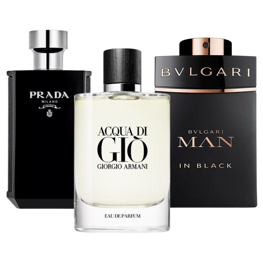 Coffret 3 Parfums : BVLGARI IN BLACK, GIORGIO ARMANI ACQUA DI GIÒ & L’HOMME PRADA INTENSE – 100 ml chacun